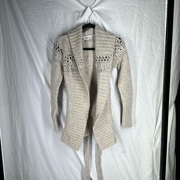 Loft Women's Wool Blend Long Tie Cardigan Crotchet Detail Size X-small Cream - Picture 1 of 8